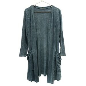 Chalet Teal Blue Open Knit Duster Cardigan Sweater‎ Pockets Size S Made in USA